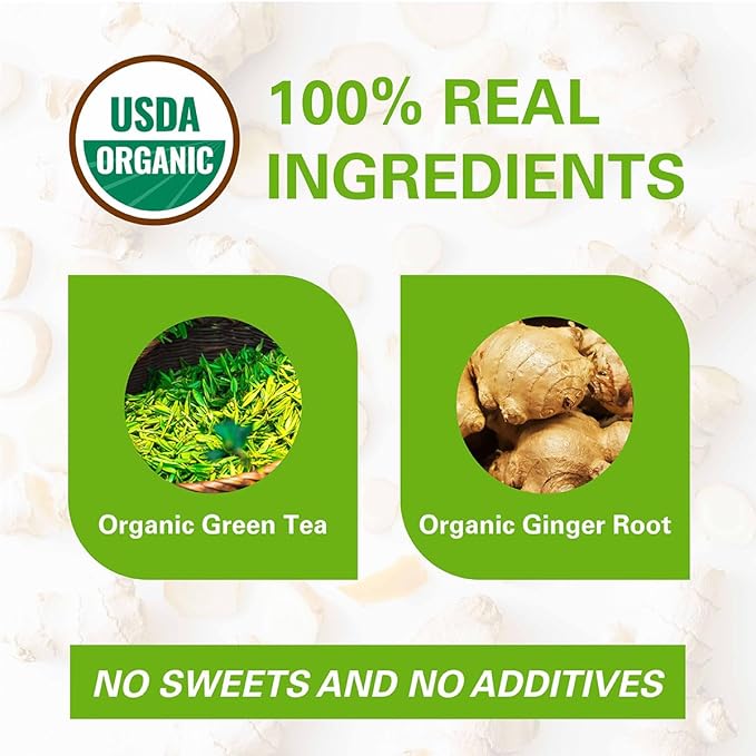 WT WEETEE Organic Ginger Green Tea Bags, Made of Green Tea with Ginger Roots, 100 Warm & Refreshing Low Caffeine Herbal Tea Bags