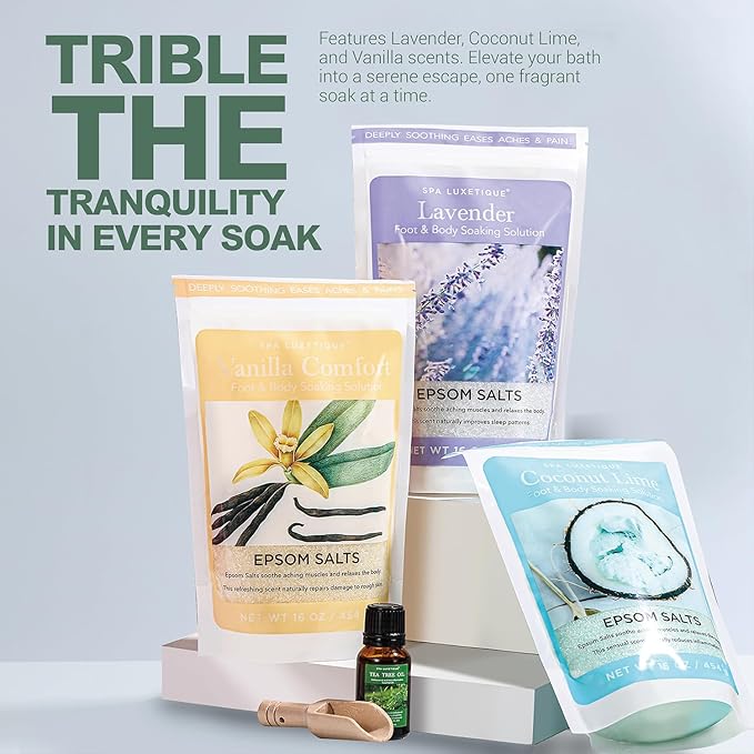 Epsom Salts for Soaking, Spa Luxetique Bath Salts for Women Gifts Set with Lavender, Vanilla and Coconut Scent Bath Set with Tea Tree Oil Gifts for Mom Mother's Day Gifts