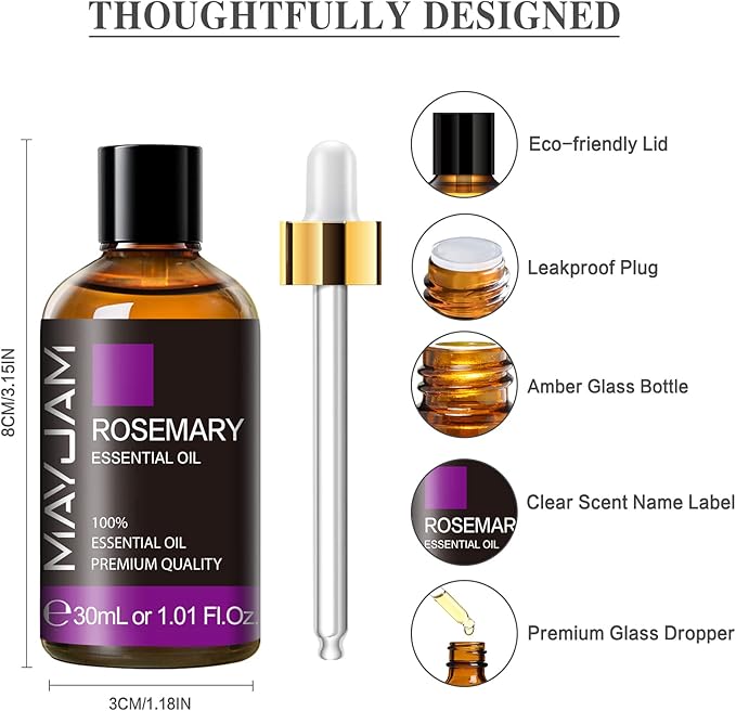 Rosemary Essential Oil 30ML/1.01FL.OZ, MAYJAM Premium Rosemary Oil Essential Oils with Glass Dropper, Great for Aromatherapy Diffuser and Candle Making