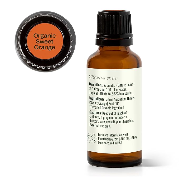 Plant Therapy Sweet Orange Organic Essential Oil 100% Pure, USDA Certified Organic, Undiluted, Natural Aromatherapy, Therapeutic Grade 30 mL (1 oz)