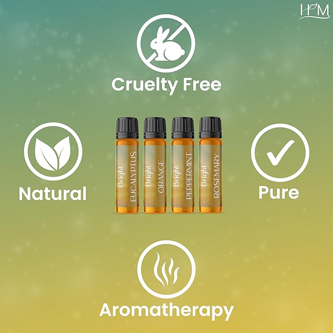HM Bright Essential Oil Kit – 4 Pack | Gift Set | Orange, Rosemary, Peppermint, Eucalyptus | Energizing Aromatherapy for Focus, Clarity, and Uplifted Mood – 1.35 FL OZ Each