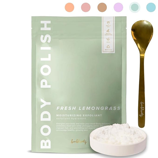 Body Polish, 8oz. - Fresh Lemongrass Scented Body Scrub Exfoliator for Women, Exfoliating Sugar Scrub To Lotion Moisturizer, Gentle Exfoliant for Dry and Sensitive Skin, Handmade in USA