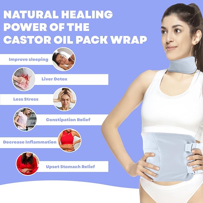 Castor Oil Pack Wrap Kit, 4 Pcs Organic Cotton, Adjustable Strap for Neck, Waist, Chest, Knee, Reusable, Washable - Detox, Constipation, Inflammation