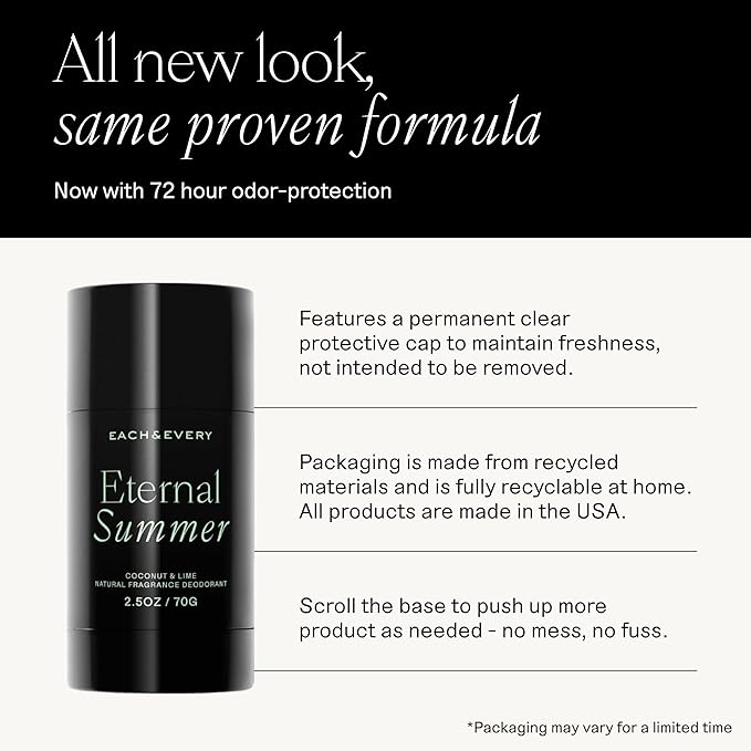 Each & Every Aluminum Free Deodorant for Men & Women, Coconut & Lime - All Natural Deodorant for Sensitive Skin, EWG Verified - Clean, Baking Soda-Free, Plant-Based Fragrance - 2.5oz, 2 Pack