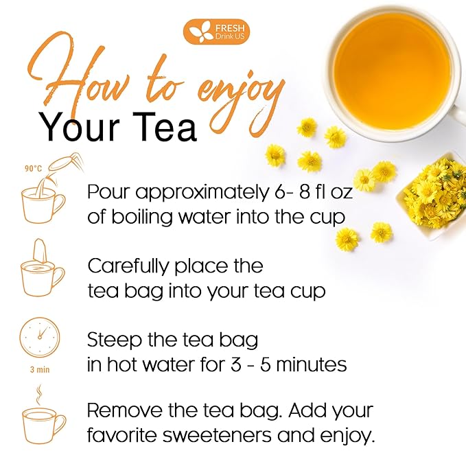 FreshDrinkUS Premium Chrysanthemum Flower Tea Bags - 120 Count, 100% Natural and Pure, Eco-Conscious. Herbal Tea, No Sugar, No Caffeine, No Gluten, Vegan