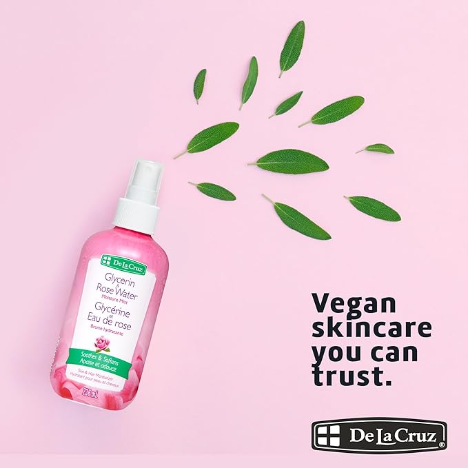 De La Cruz Rose Water and Glycerin Spray for Face - Rosewater Facial Toner and Moisturizer Mist for Skin and Hair 8 fl oz (236 mL)