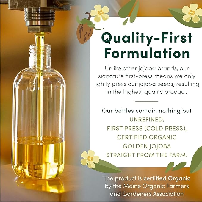 HobaCare 100% Pure, Unrefined Organic Jojoba Oil for Skin & Nails - Moisturizing Body Oil & Face Moisturizer for Dry Skin - Natural Treatment for Hair & Beard Care (32 fl oz)