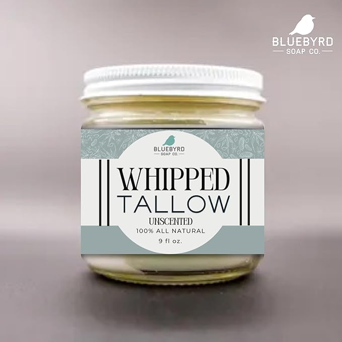 Bluebyrd Tallow Lotion – Large 9oz Size – 100% Grass-Fed & Hand-Whipped – Deeply Moisturizes & Soothes Dry, Sensitive Skin, Face + Body (9oz, Unscented)