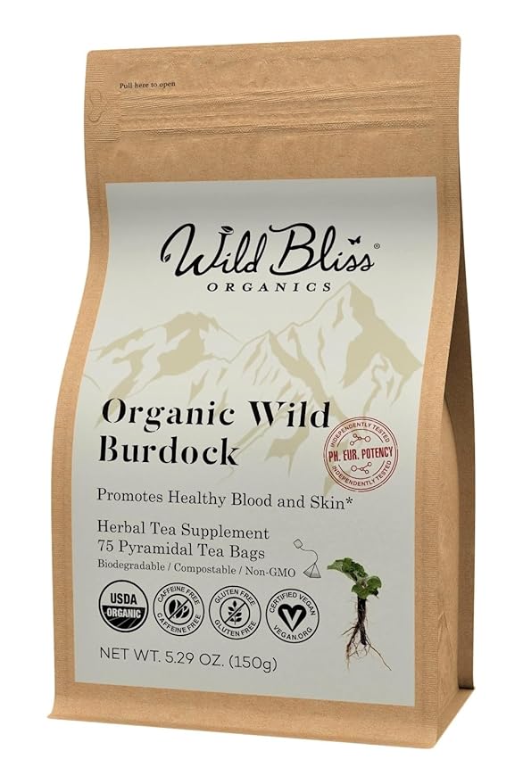 Wild Bliss Organic Burdock Root Tea - Caffeine Free Herbal Detox Support - Pharmacopoeia Quality - 75 Plant Based Tea Bags