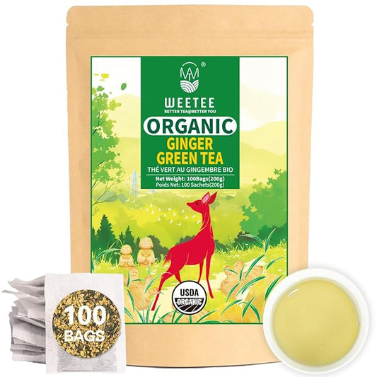 WT WEETEE Organic Ginger Green Tea Bags, Made of Green Tea with Ginger Roots, 100 Warm & Refreshing Low Caffeine Herbal Tea Bags