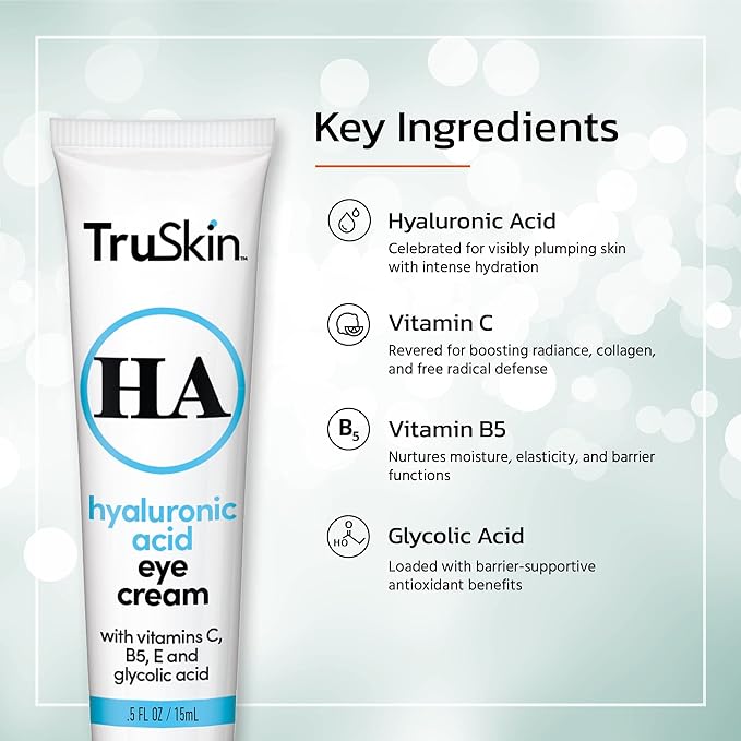 TruSkin Eye Cream for a Hydrated, Brighter-Looking Eye Area - Improve Appearance of Dark Circles & Puffiness - Hyaluronic Acid, Glycolic Acid, Vitamins C, B5, E - Under Eye Cream for Women, 0.5 fl oz