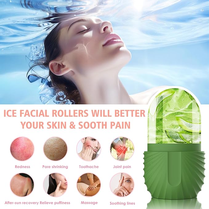 Ice Face Roller, Silicone Facial Ice Roller, Reusable Skin Care Massager Tools for Relieve Puffiness, Tighten Skin, Shrink Pores Shell Green