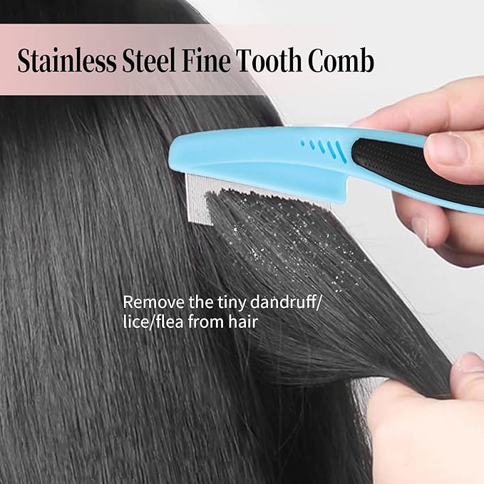 Dandruff Comb, Stainless Steel Fine Tooth Lice/Flea/Psoriasis Comb, Scalp Oil Buildup Removal Wide Hollow Tooth Button Hairbrush for Scalp Massage Care for Man Women and Kids, Set of 2 (Blue)