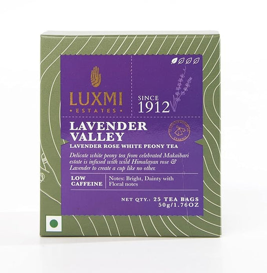 Luxmi Estates - Lavender Valley - Organic Lavender Tea - 25 Tea Bags | With Certified Organic Darjeeling Makaibari White Tea | Light & Fresh Delicate Flavor, Low Caffeine