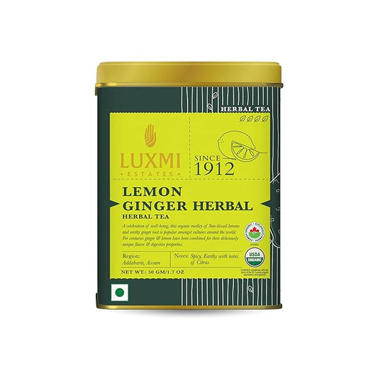 Luxmi Estates Lemon Ginger Root - 50gm Tin Loose Leaf | Certified Organic Herbal Tea | Citrus Flavor & Aroma | Lemon Peel, Ginger, Lemongrass, Licorice