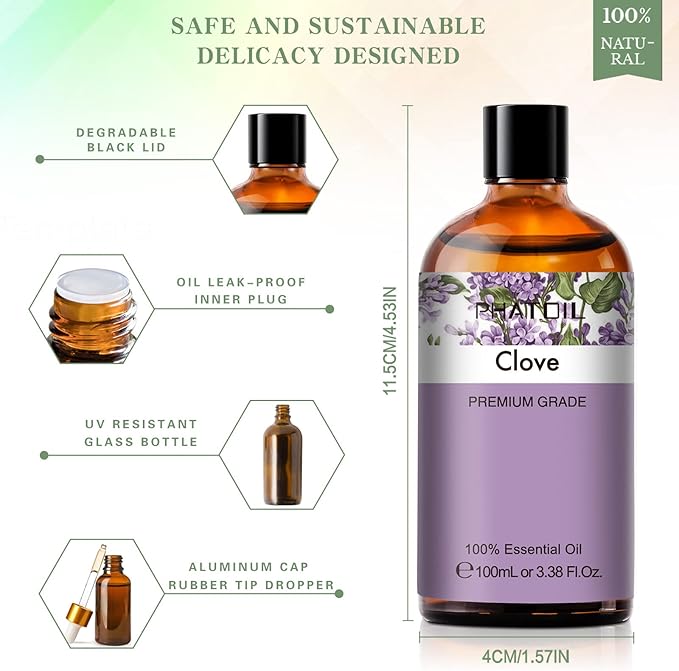 3.38Fl.Oz Clove Essential Oil, for Aromatherapy Diffusers with Glass Dropper, Humidifiers, Great for DIY Candle and Soap Making, Gift for Friend