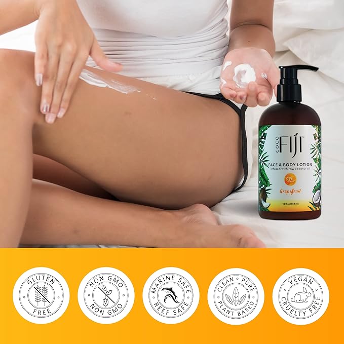 Coco Fiji Face & Body Lotion Infused With Coconut Oil | Lotion for Dry Skin | Moisturizer Face Cream & Massage Lotion for Women & Men |Grapefruit 12 ozPack of 3