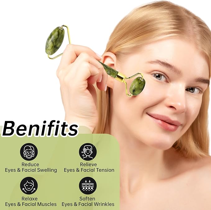 Jade Gua Sha and Face Roller & Silk-Bonnet for Sleeping Women