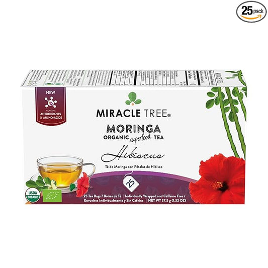 Miracle Tree - Organic Moringa Superfood Tea, 25 Individually Sealed Tea Bags, Hibiscus (Keto, Detox, Energy & Immunity Booster, Vegan, Gluten-Free, Organic, Non-GMO, Caffeine-Free)