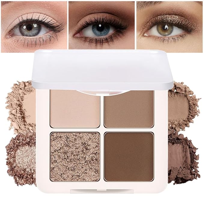4 Colors Matte Shimmer Eyeshadow Makeup Palette,Champagne Nude Light Dark Brown Highly Pigmented Natural Neutral Eye Shadow Palette,Long Lasting Waterproof Naturing-Looking Women Girls Eye Shadow