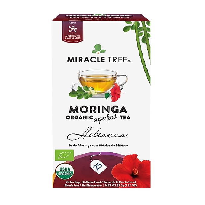 Miracle Tree - Organic Moringa Superfood Tea, 25 Individually Sealed Tea Bags, Hibiscus (Keto, Detox, Energy & Immunity Booster, Vegan, Gluten-Free, Organic, Non-GMO, Caffeine-Free)