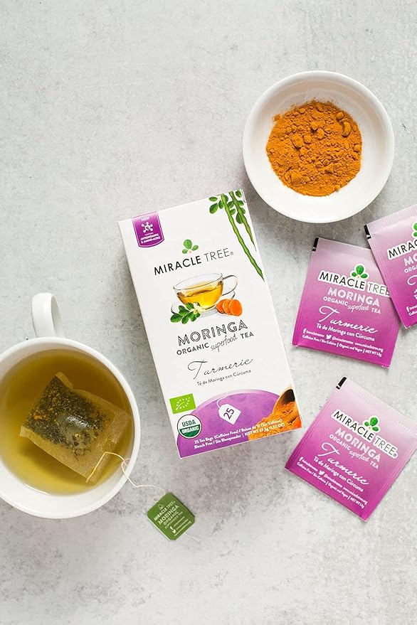 Miracle Tree - 6 Count of Organic Moringa Superfood Tea, 25 Individually Sealed Tea Bags, Turmeric (Keto, Detox, Energy/Immunity Booster, Vegan, Gluten-Free, Organic, Non-GMO, Caffeine-Free)