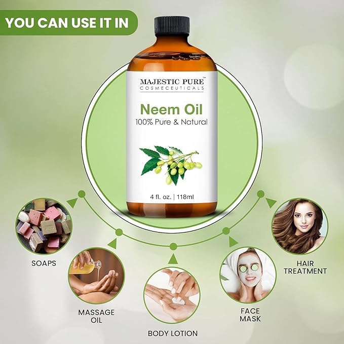 Majestic Pure Neem Oil for Plants Spray and Essential Oils Mixing, 100% Pure Cold Pressed, Great for Skin/Hair Care, Massage Oil, Nails, Acne & Moisturizer for Dry Skin, 4 Fl Oz