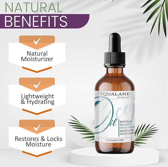 Dr Joe Lab Squalane Oil Pure Plant Derived Refined Cold Pressed From Olives Vegan Undiluted Carrier Oil for Face Skin Hair Body Cosmetics Natural Cleanser Moisturizer (4 oz Glass & Dropper)
