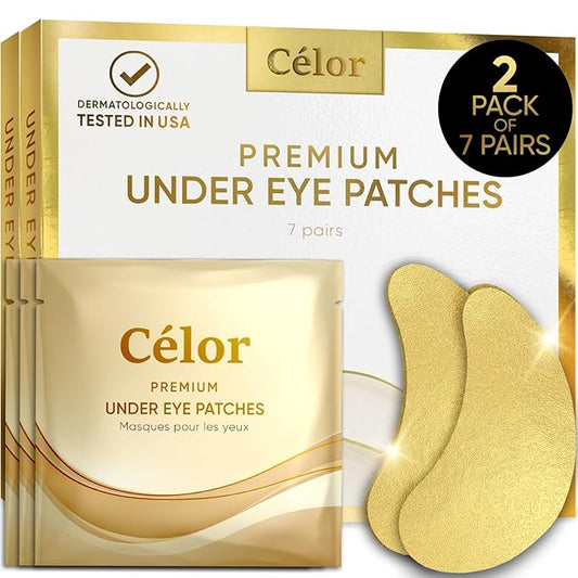 CÉLOR Under Eye Patches Premium - Golden Under Eye Mask Enriched with Hyaluronic Acid, Caffeine, Tea Tree & Collagen, Under Eye Patches for Puffy Eyes, Dark Circles and Puffiness (14 Pairs)