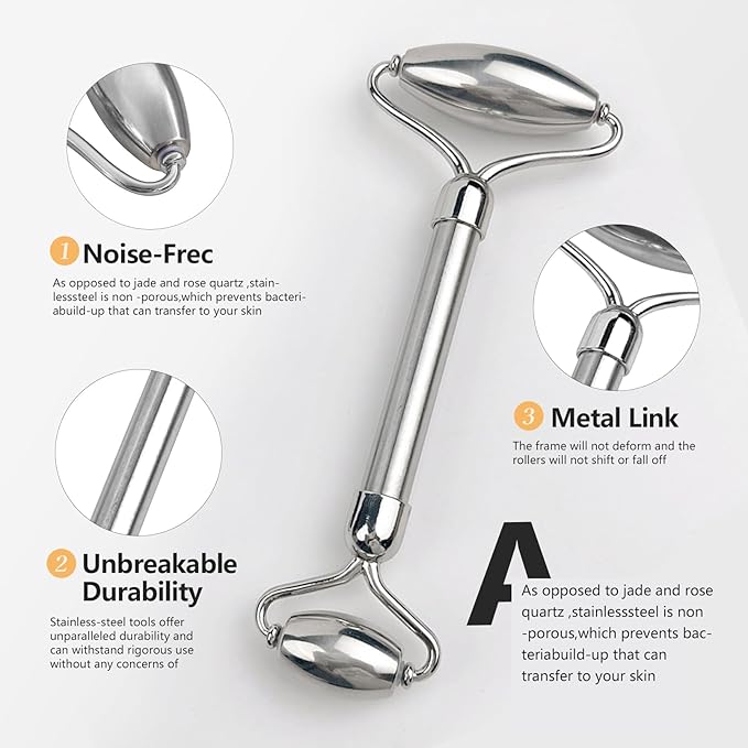 Stainless Steel Facial Roller - Metal Face and Eye Roller, Gua Sha Facial Tools Stainless Steel, Cooling Dual Sided Stainless Steel Facial Roller Massager