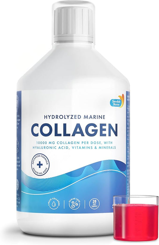 Swedish Nutra - 10,000 mg Hydrolyzed Marine Collagen Liquid Supplement - 500 ml, 20 Day Supply | Hyaluronic Acid, Biotin and Vitamin C to Support Healthy Hair, Skin, Nails and Joints | Sugar-Free