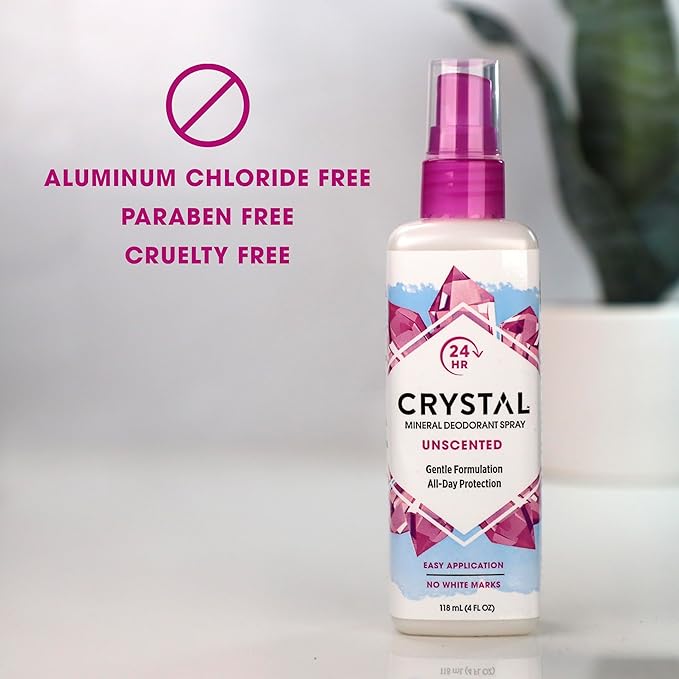 CRYSTAL Mineral Deodorant Spray- Unscented Body Deodorant With 24-Hour Odor Protection, Aluminium Chloride & Paraben Free, 4 FL OZ, Pack of 6