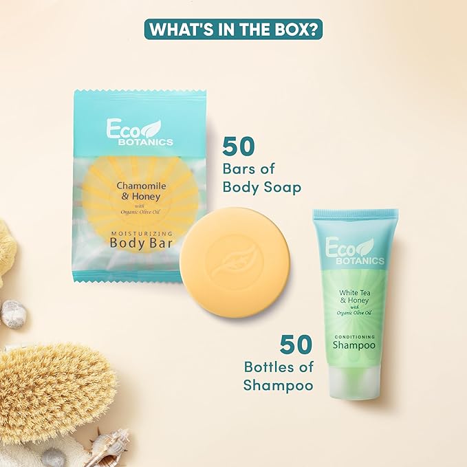 Eco Botanics Hotel Soaps & Toiletries Bulk Set | 1-Shoppe Amenities Kit for Hotels & Vacation Rentals | 0.85 oz Conditioning Shampoo & 0.89 oz Bar Soap | 100 Pieces