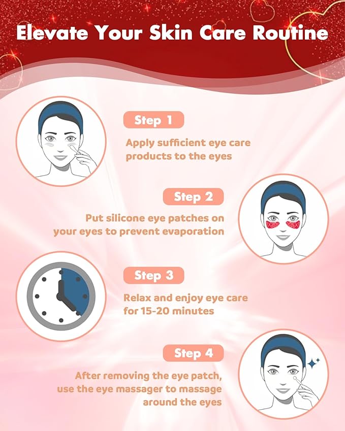 2 Pairs Reusable Under Eye Wrinkle Patches Silicone Mask, Plump Fine Lines & Wrinkles, with Metal Eye Cream Applicator, Tin Case, Valentine's Day Red
