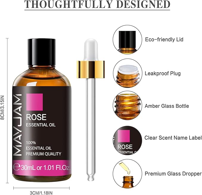 Rose Essential Oil 30ML/ 1.01FL.OZ, MAYJAM Pure Aromatherapy Rose Oil for Massage, Diffuser, Soap Making, Long Lasting Scents