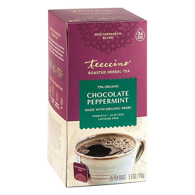 Teeccino Chocolate Peppermint Herbal Tea - Enjoy Hot or Iced Tea with Cooling Peppermint, Cocoa & Chicory, Prebiotic, Caffeine Free, Acid Free, 25 Tea Bags