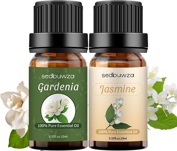 Sedbuwza Gardenia Jasmine Essential Oil Set, Gardenia Fragrance Oil Jasmine Scent Oil Set for Diffuser, Aromatherapy, Massage, Soap, Candle Making 2 x 10 ml