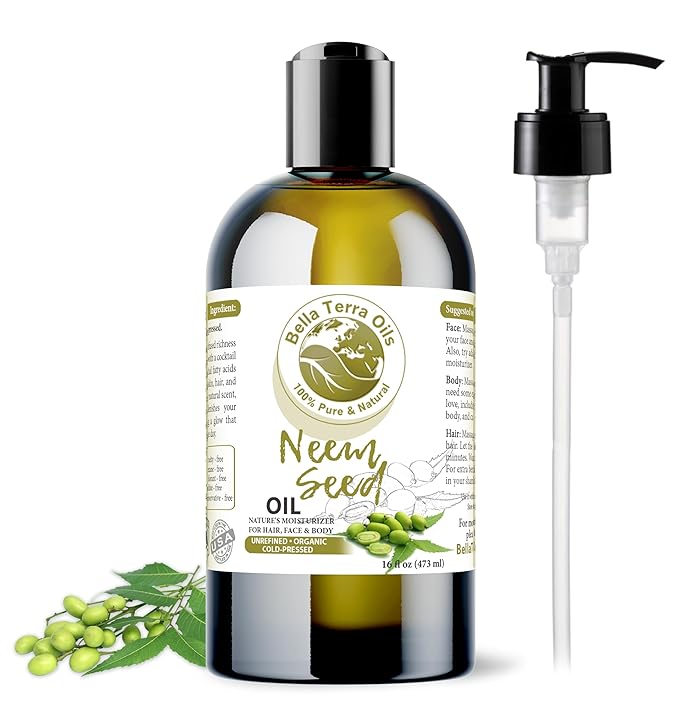 Bella Terra Oils - Organic Neem Seed Oil 16oz - Harness Organic Neem's Timeless Beauty Secrets, Infused with Vitamin A & Omega Fatty Acids, Best for Luxurious Skin Feel