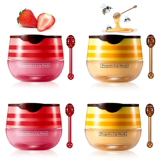 4 Pcs Bee Balm Lip Balm Honey Pot, Honey & Strawberry Lip Mask Propolis Moisturizing Hydrating Prevention Dry and Cracked Lip Scrubs Exfoliator.