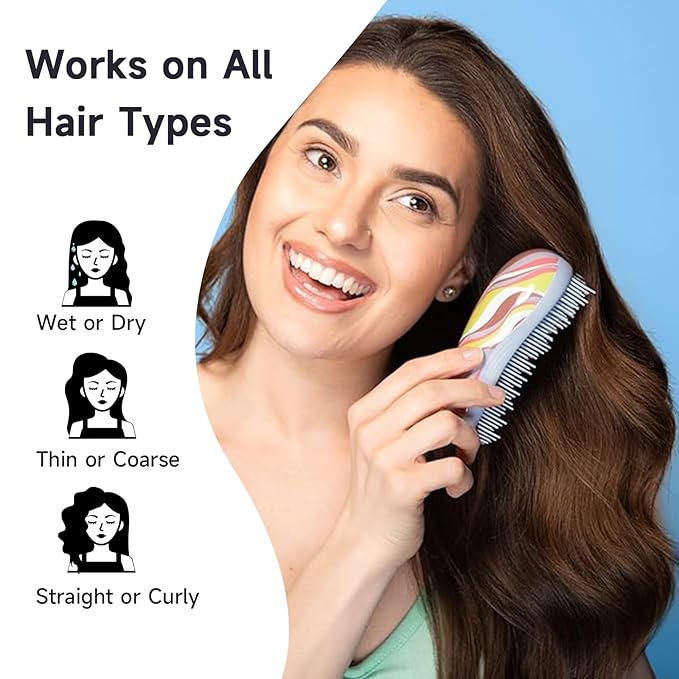 Hand Grip Brush, Gentle Detangling, Detangler Hair Brush for All Hair Types. For use on Wet or Dry Hair (Colorful Stripe)