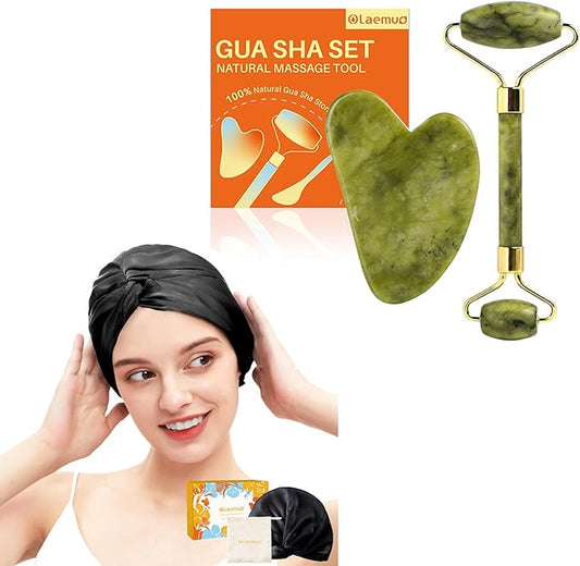 Jade Gua Sha and Face Roller & Silk-Bonnet for Sleeping Women