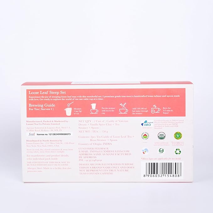 Luxmi Estates - Sleep Tea Set - 2 x 100g Tins of Valerian Dream and Vanilla Spice Chai + 1pc of Spoon and 1pc of Infuser