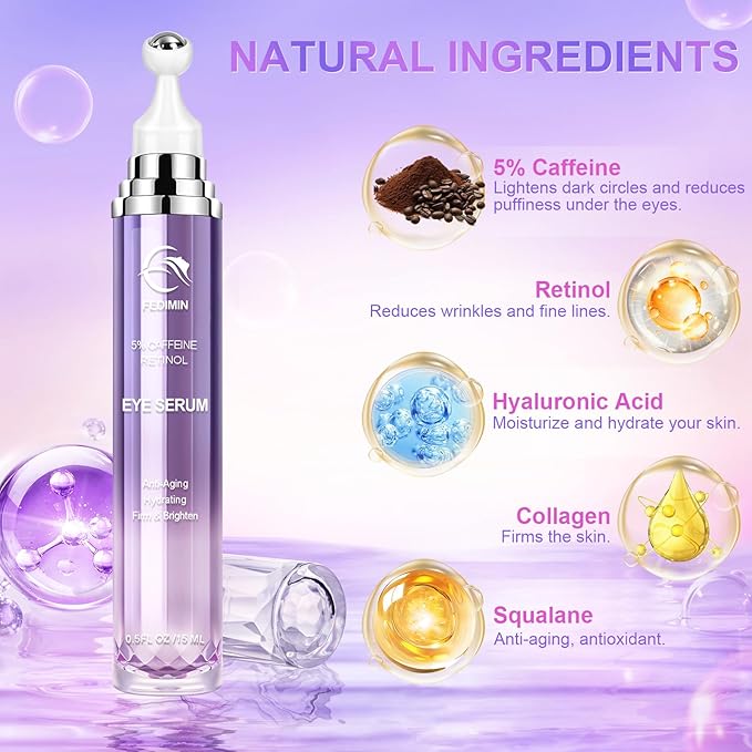 5% Caffeine Eye Cream for Dark Circles Under Eye Treatment Eye Serum for Wrinkles Fine Lines, Retinol Eye Care Eye Cream for Puffiness and Bags Eye Serum with 360° Massage Roller-Ball (Light Purple)