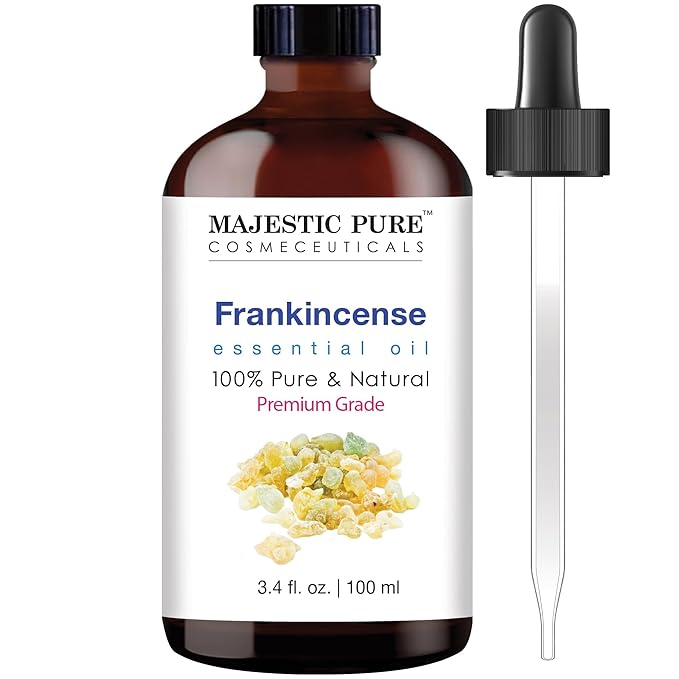 MAJESTIC PURE Frankincense Essential Oil with Glass Dropper | 100% Pure and Natural Frankincense Oil | Premium Grade Essential Oils for Diffusers, Skin, Aromatherapy, Massage | 3.4 Fl Oz