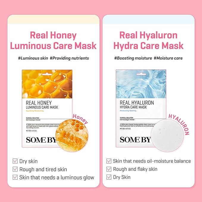 SOME BY MI Real Hyaluron Hydra Care Mask - Pack of 10 - Made from Hyaluronic Acid for Dry and Oily Skin - Daily Vegan Korean Sheet Mask for Skin Moisturizing and Hydrating - Korean Skin Care