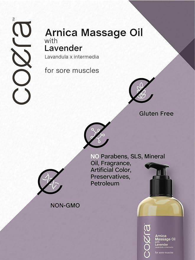 Coera Arnica Massage Oil with Lavender | 8 fl oz | Great for Sore Muscles | Free of Parabens, SLS, & Fragrances