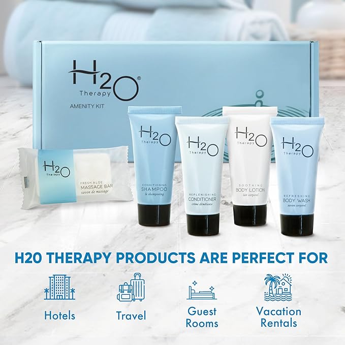 H2O Therapy Amenity Kit | Hotel Bulk Toiletries | 0.85 oz Shampoo, Conditioner, Lotion, Body Wash, Body Bar Soap for Guest Hospitality Vacation Rentals | 60 Sets/Case