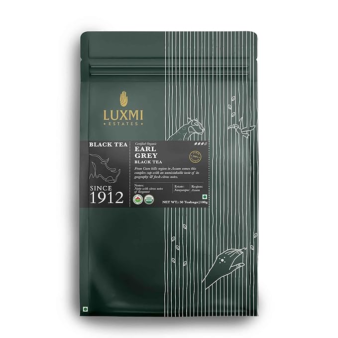 Luxmi Estates Garo Hills Organic Earl Grey Black Tea 50 Tea Bags (100gm) Pack | USDA Organic - Earl Grey Tea Bags | 100% Natural Bergamot Extracts | 50 Cups |Assam Black Tea
