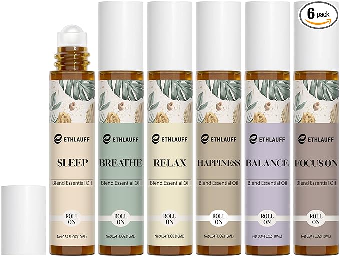 Essential Oils Roll On Set 6 Pack - (Relax, Sleep, Balance,Breathe, Focus on, Happiness) Aromatherapy Oil with Roller Ball, Essential Oils Blends for Skin - Relaxation Gift for Women and Men