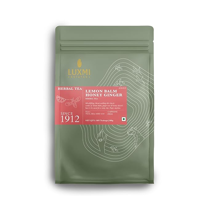 Luxmi Estates - Lemon Balm Honey Ginger - 50 Tea Bags | Organic Lemon Balm Tea with Honey and Ginger Root | Great for Soar Throat, Immunity and Stress Relief